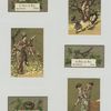 Trade cards depicting nests, eggs, raspberries, berries, a bird, a women in a kimono, an angel, and a scale.