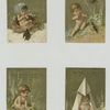 Trade cards depicting a cherub : sitting in a birds nest in the snow, playing an instrument for birds, playing with a wooden clog boat and in a shelter made from folded paper.