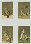 Trade cards depicting a cherub : sitting in a birds nest in the snow, playing an instrument for birds, playing with a wooden clog boat and in a shelter made from folded paper.