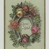 A trade card with the words 'good luck' depicting flowers and a horseshoe.