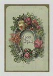 A trade card with the words 'good luck' depicting flowers and a horseshoe.