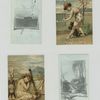 A calendar and trade cards depicting a man, a woman, fruit, a musical instrument, a cat and paintings of landscapes