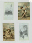 A calendar and trade cards depicting a man, a woman, fruit, a musical instrument, a cat and paintings of landscapes