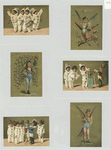 Trade cards depicting women in bird and peacock costumes, children wearing jester and soldier costumes playing a drum and carrying rifles.