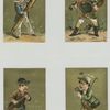 Trade cards depicting boys playing brass instruments, a toy rabbit, rifle, canteen and walking stick.