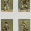 Trade cards depicting boys playing brass instruments, a toy rabbit, rifle, canteen and walking stick.