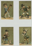 Trade cards depicting boys playing brass instruments, a toy rabbit, rifle, canteen and walking stick.