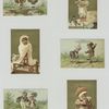 Trade cards depicting children : eating, walking, skipping, playing with toys, carrying baskets and in cribs.