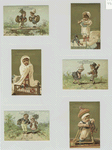 Trade cards depicting children : eating, walking, skipping, playing with toys, carrying baskets and in cribs.
