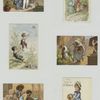 Trade cards depicting courtship, kite flying, a marketplace, a shipyard and a girl holding a ball.
