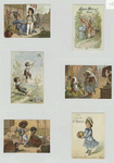 Trade cards depicting courtship, kite flying, a marketplace, a shipyard and a girl holding a ball.