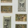 Trade cards depicting flower vases, landscapes in the winter and summer, acrobats on stilts, a couple missing the train and the train station counter.