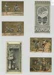 Trade cards depicting flower vases, landscapes in the winter and summer, acrobats on stilts, a couple missing the train and the train station counter.