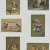 Trade cards depicting angels, fishing, rain, a damaged umbrella, courtship and a couple riding a butterfly.