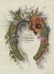 A trade card depicting flowers and a horseshoe.