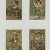 Trade cards depicting boys : pouring liquor into a bottle, finding a snake in a river, harvesting crops and painting a sculpture.