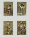 Trade cards depicting boys : pouring liquor into a bottle, finding a snake in a river, harvesting crops and painting a sculpture.