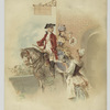 A trade card depicting a woman serving drinks to a couple on a horse.
