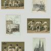 Trade cards depicting St. Patrick's Cathedral, landscape views of a meadow, bridge and river, boys dressed in costume doing acrobatics and paddling a member of their group.