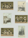 Trade cards depicting St. Patrick's Cathedral, landscape views of a meadow, bridge and river, boys dressed in costume doing acrobatics and paddling a member of their group.