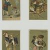 Trade cards depicting  children : eating, waltzing, shoveling hot coal in a fish bowl and a boy with a rifle in a basket with rabbits and ducks.