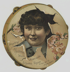 A trade card depicting a girl's face framed by a tambourine with painted flowers.