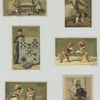 Trade cards depicting medals, children playing a game, a letter being exchanged, and soldiers.