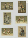 Trade cards depicting medals, children playing a game, a letter being exchanged, and soldiers.