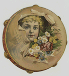 A trade card depicting a girl's face framed by a tambourine and flowers.