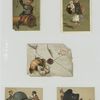 Trade cards depicting a puppy, envelope, a soldier boy, a woman carrying a baby and men with large hats.