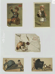 Trade cards depicting a puppy, envelope, a soldier boy, a woman carrying a baby and men with large hats.