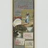 A combined 1883 calendar and trade card depicting the summer, dishes, boats, and a woman.