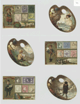 Trade cards depicting men and postage stamps from various countries and cards shaped like paint palettes depicting ice skating, painting and smoking by the beach.