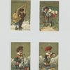 Trade cards depicting Russian and Italian children holding their respected flags and a boy wearing a kilt playing an alphorn and lighting a pipe.