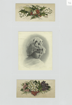 Trade cards depicting holly, flowers and a portrait of a child.