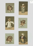 Trade cards depicting children wearing adult sized clothes and children's heads poking through torn paper.