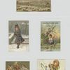 Trade cards depicting buildings, winter, people, a river and a mirror.