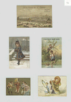 Trade cards depicting buildings, winter, people, a river and a mirror.