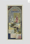A combined 1883 calendar and trade card depicting cattle, butterflies, flowers, a bird and a woman.