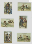 Trade cards depicting courtship, a woman painting a portrait, Blue Beard and his wife and the story of the Cicada and the Ant personified.