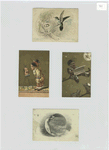 Trade cards depicting the vervain humming bird's nest and eggs, a girl looking at a mask resting on an easel, a boy singing to the moon and a woman's body wrapped around the earth.