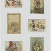 Trade cards depicting chickens, chicks hatching, a boy in a jester costume and a cat spilling jam, girls watching hay being unloaded from a wagon, a wood elf and her baby riding on the head of a moose, a boy carrying a poultry platter being snapped at by a goose.