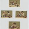 Trade cards depicting boys opening a large jar of jam, fighting and spilling jam.