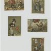 Trade cards depicting children, umbrellas, ducks, a woman in a bug costume and a man balancing a jar of meat on his nose.