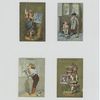 Trade cards depicting children : shaving, eating and dropping food on the floor, holding their country's flag and postage stamp