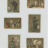 Trade cards depicting jars of meat, jesters, women in bug costumes, a man painting steaming food and men with meat jar bodies.