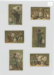 Trade cards depicting jars of meat, jesters, women in bug costumes, a man painting steaming food and men with meat jar bodies.