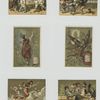Trade cards depicting women dressed in bug costumes, wagons carrying jars of meat, men carrying a huge jar of meat, an angel flying with jars of meat and a family with meat jar bodies.