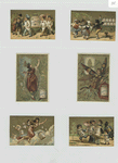 Trade cards depicting women dressed in bug costumes, wagons carrying jars of meat, men carrying a huge jar of meat, an angel flying with jars of meat and a family with meat jar bodies.
