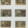 Trade cards depicting jars of meat, bible stories, a wizard, acrobats, building a wall with jars and fencing with jars for shields and spoons for swords.